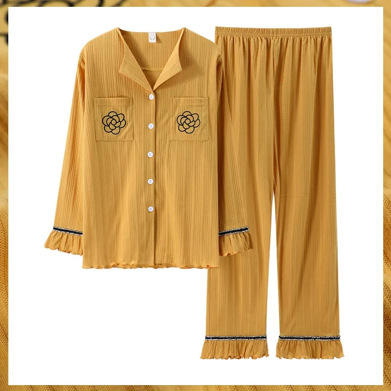 Fashion Cotton Pajamas Set 13 Colors Sleepwear Women Long-sleeve Pants Nightwear Soft Comfort Homewear Mujer Simple PJS ouc1139 | Женская