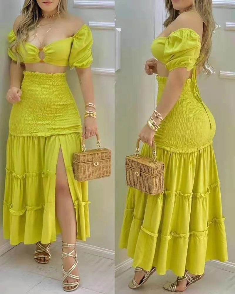 

Cutubly 2 Piece Skirt Sets Summer 2021 Solid Maxi Skirt Women Set Fashion Slash Neck Club Puff Sleeve Crop Side Slit Skirt Set