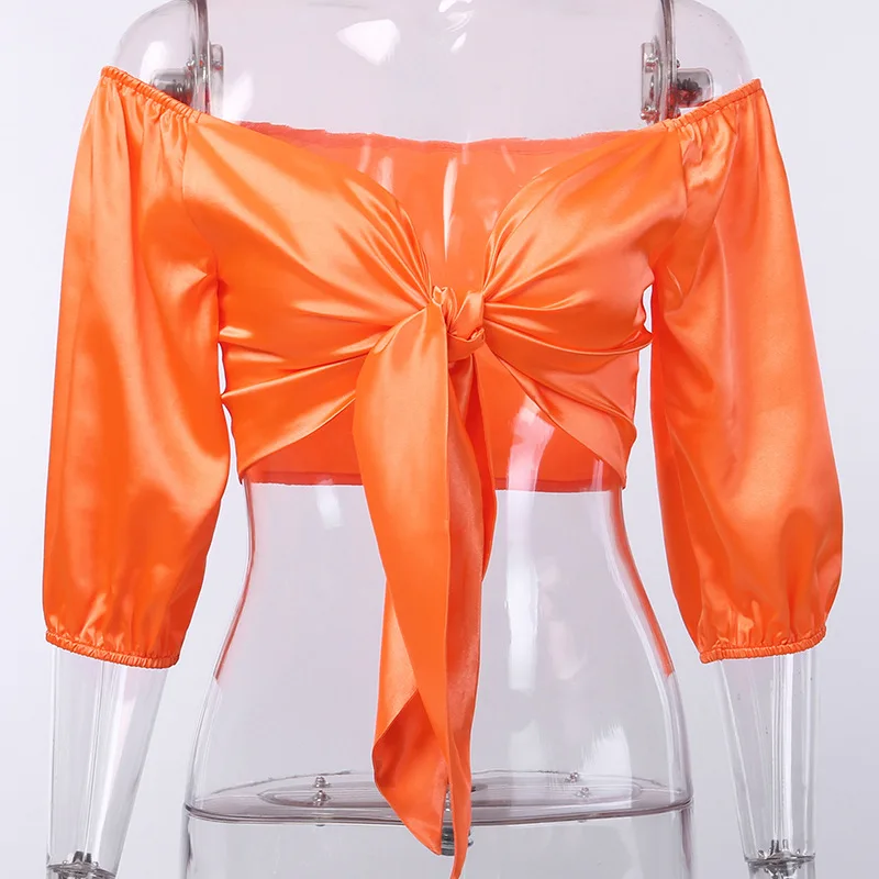 

Cryptographic satin bow blouse shirts short slash neck slim sexy crop top cropped shirts lantern sleeve womens tops and blouses