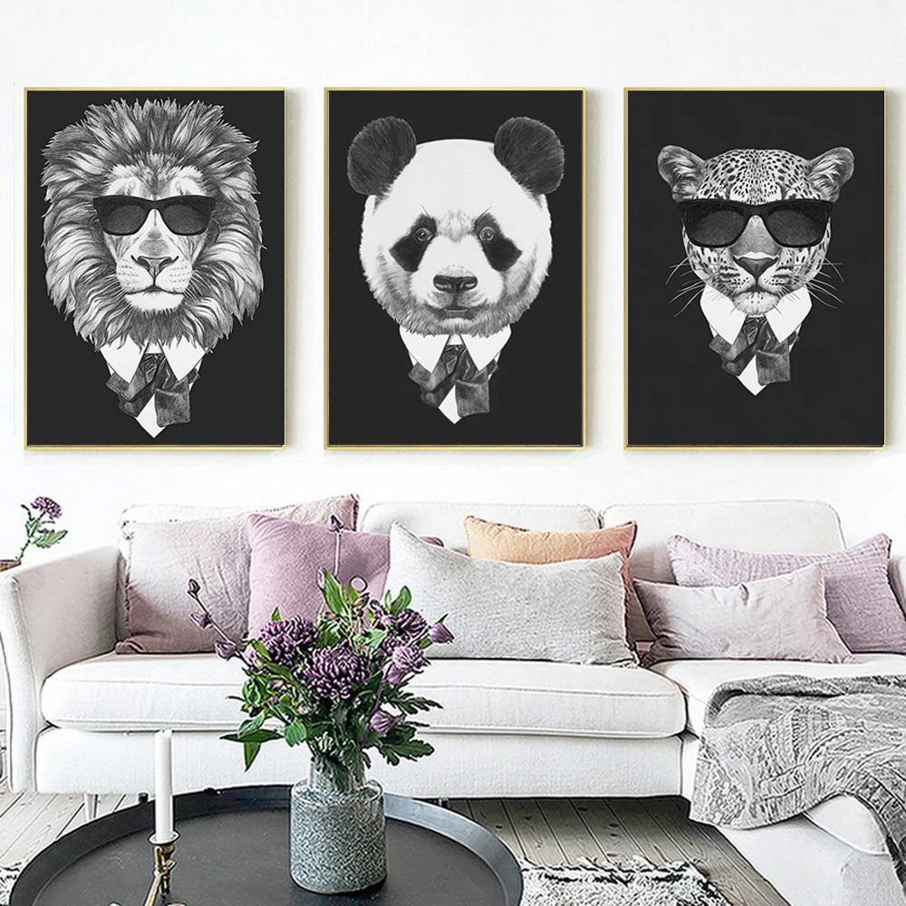 

Modern Vintage Abstract Black White Canvas Painting Animals Lion panda leopard Wall Art Pictures for Living Room Home Decoration