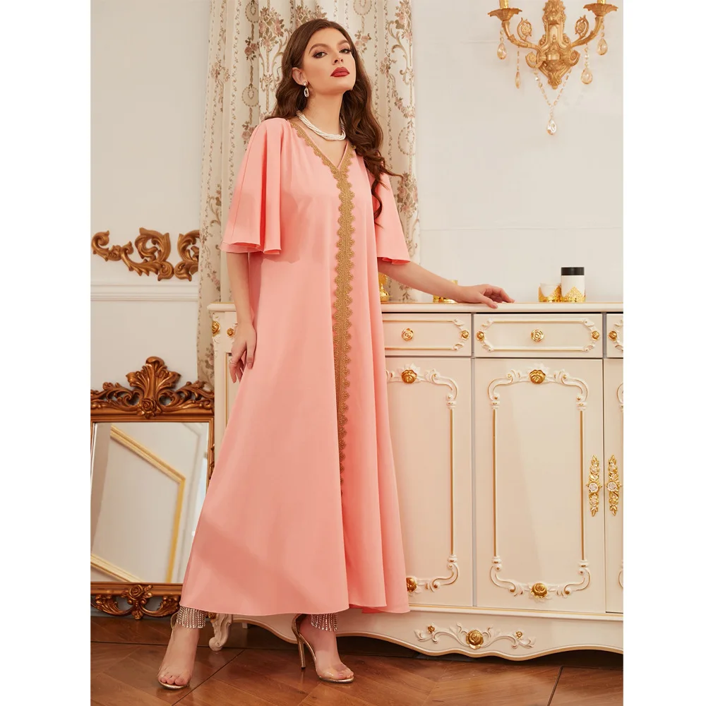 

Pink Abaya Dubai European Clothing Dresses for Women V Collared Short-sleeved Loose-fitting Long Skirt Casual Minimalist Dress