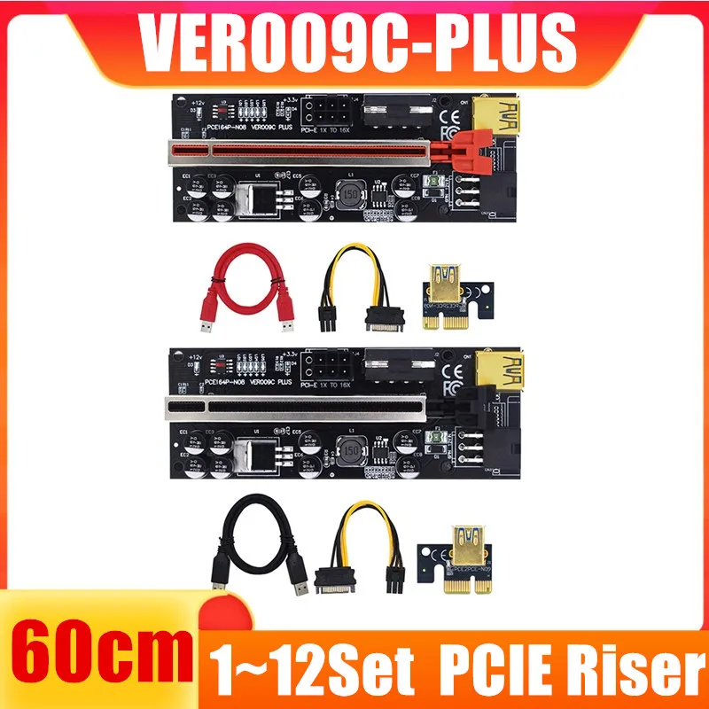 

1-12Set 60cm PCIE Riser VER009C-PLUS Video Card Extension Cable Adapter PCI Express Riser VER009C PCIE X16 Riser Card for Mining