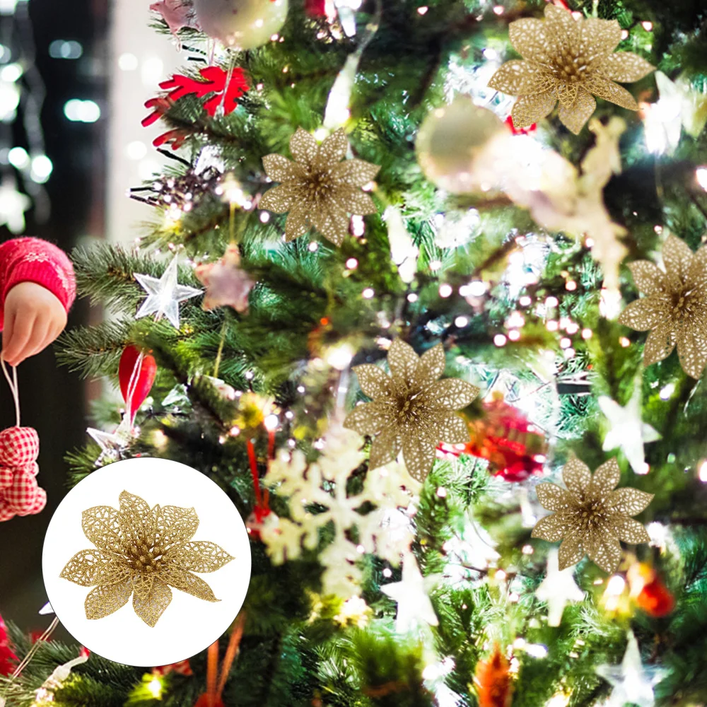 

20Pcs Christmas Hollow Glitter Poinsettia Flowers Wreath Garland Tree Decoration