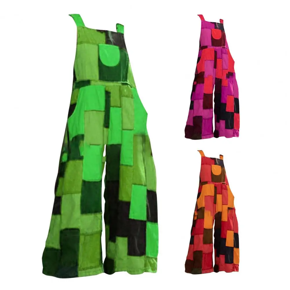 

Women Jumpsuit Sleeveless Color Block Fashion Backless Wide Leg Pockets Loose Dungarees Overalls for Summer