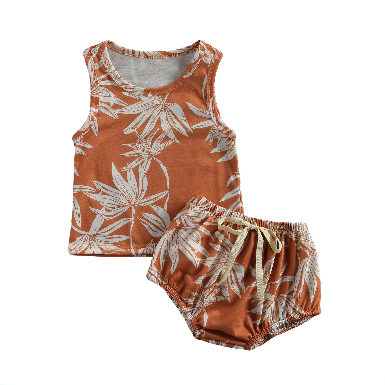 

2021 Summer Baby's Casual Sports Suit, Leaves Print Round Neck Sleeveless Camisole, Bow Loose Elastic Shorts Hot Sale