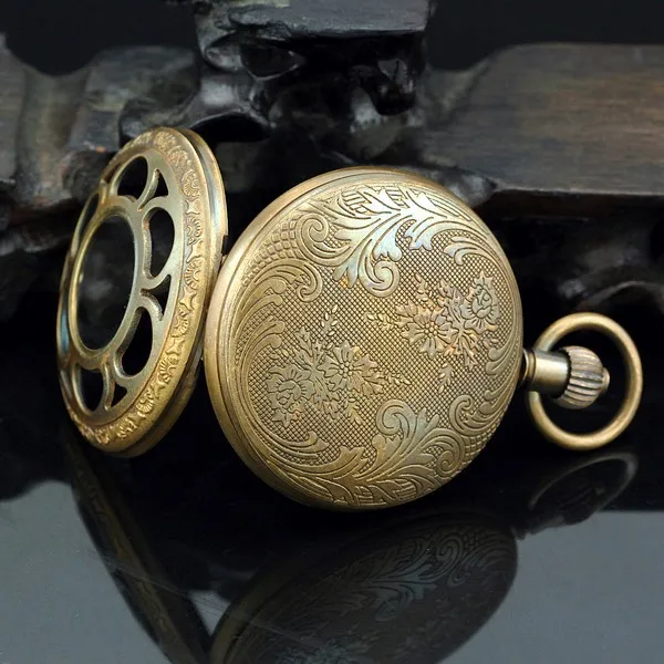 Two Sub-dials Mechanical Pocket Watch Hand Winding Bronze Copper Skeleton Back FOB Chain Vintage Retro Roman Numeral Clock