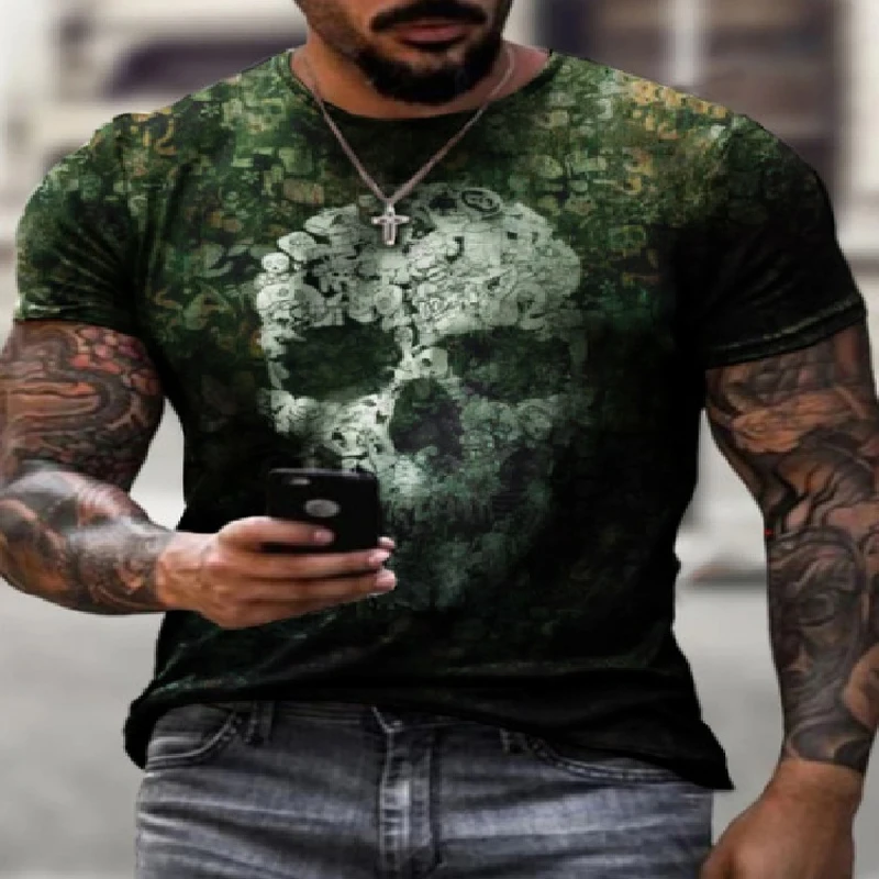 

Summer Oversized Loose Men T-shirt Short Sleeve Skull Print Casual Top T Shirt Muscle Streetwear Clothing Man Tshirt Nice Pop