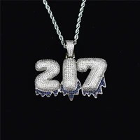 custom name blue drip bubble number 0 9 letter iced out pendant chain gold silver cz pendant with tennis chain hip hop jewelry