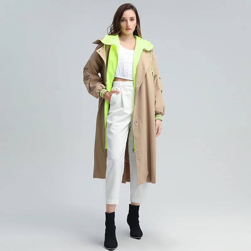 

TWOTWINSTYLE Korean Patchwork Hit Color Trench For Women Lapel Long Sleeve Hoodies Casual Loose Windbreaker Female 2020 Fall New