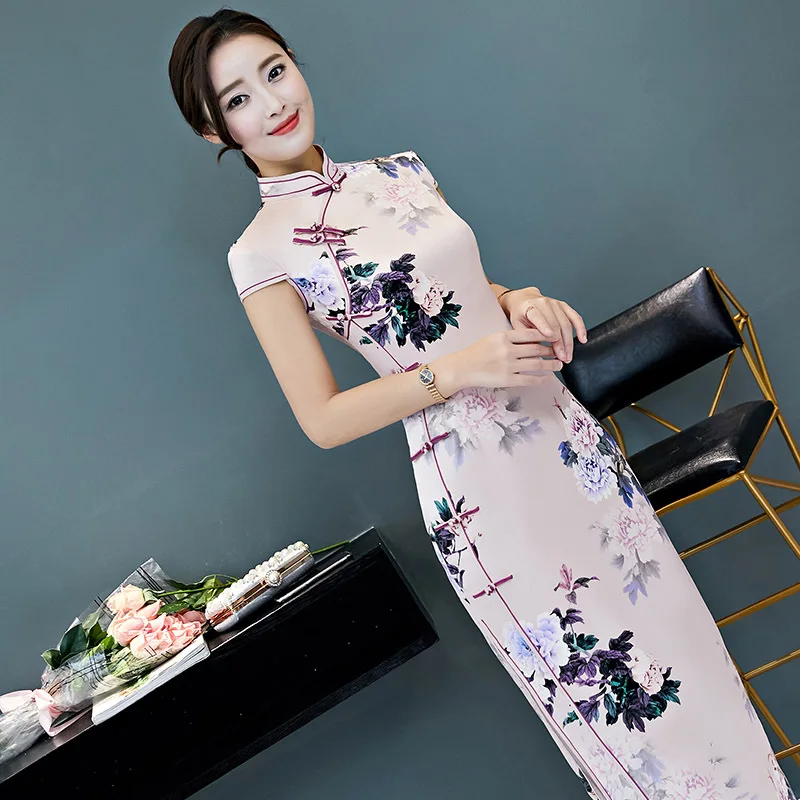 Женское шелковое Платье Ципао длинное вечернее в китайском ретро стиле весна