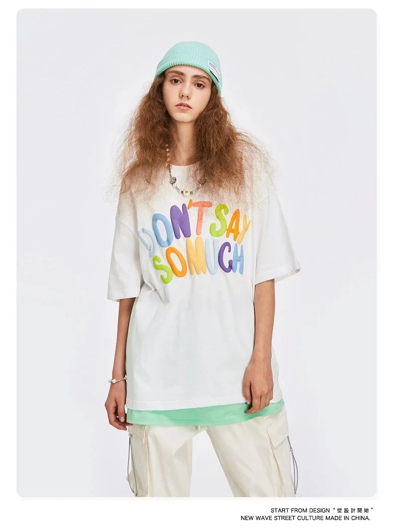 

Spring and summer 2021 new cotton T-shirt women's T-shirt foam printing color letters loose short sleeve men's T-shirt