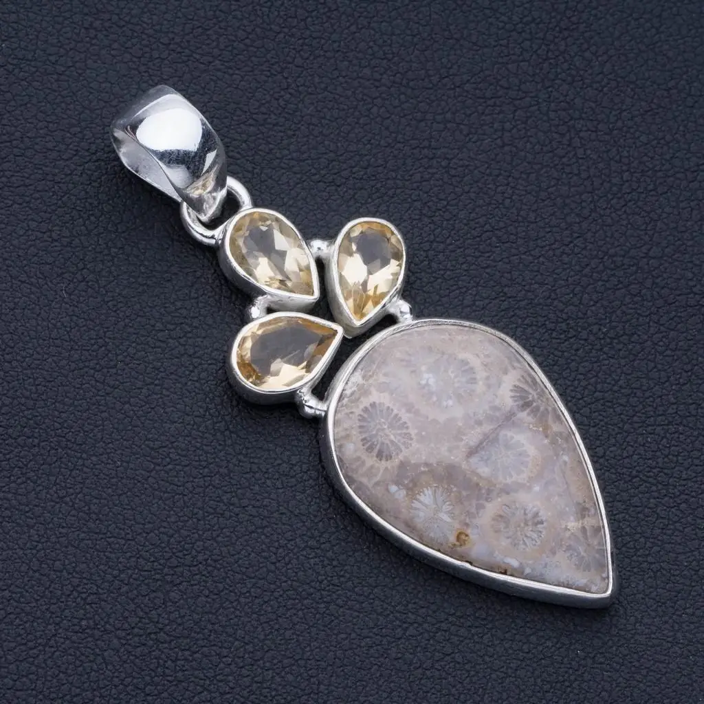 

Natural Fossil Coral and Citrine Punk Style 925 Sterling Silver Pendant 2" P0873