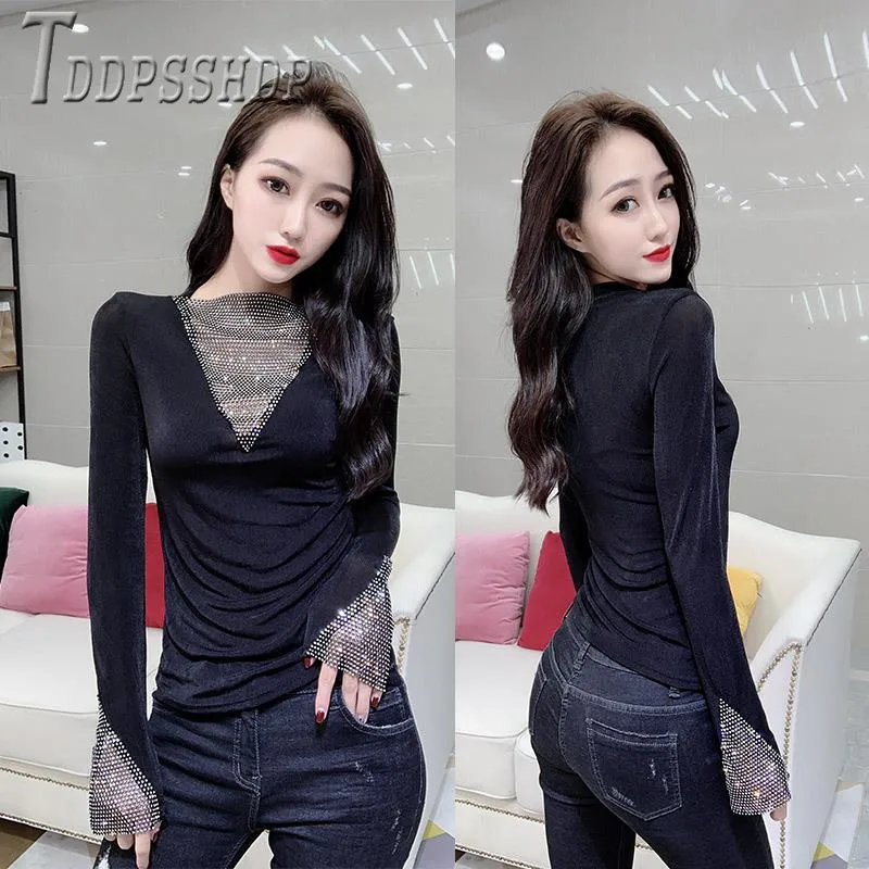 

2020 Spring New Round Neck Slim Women T Shirt Imitation Diamond Black Female Tee Shirts