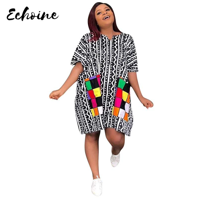 Echoine Женские летние волнистые полосы печати с коротким рукавом плюс размер по