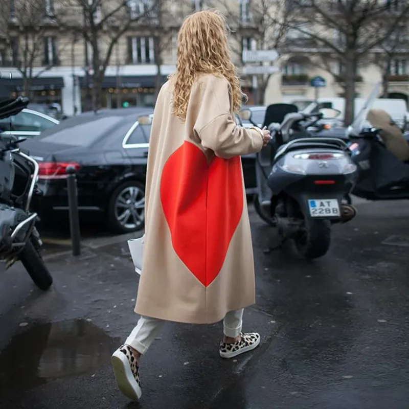 

Women Heart Printed Fashion Sweet Wool Coat Plus Size Coats and Jackets for women 2020 Autumn Winter Loose Long Overcoat