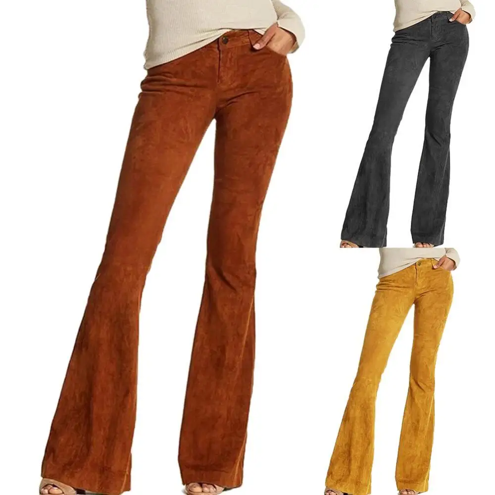 

Women Retro Casual High Waist Solid Color Wide Leg Pants Bell-Bottom Trousers