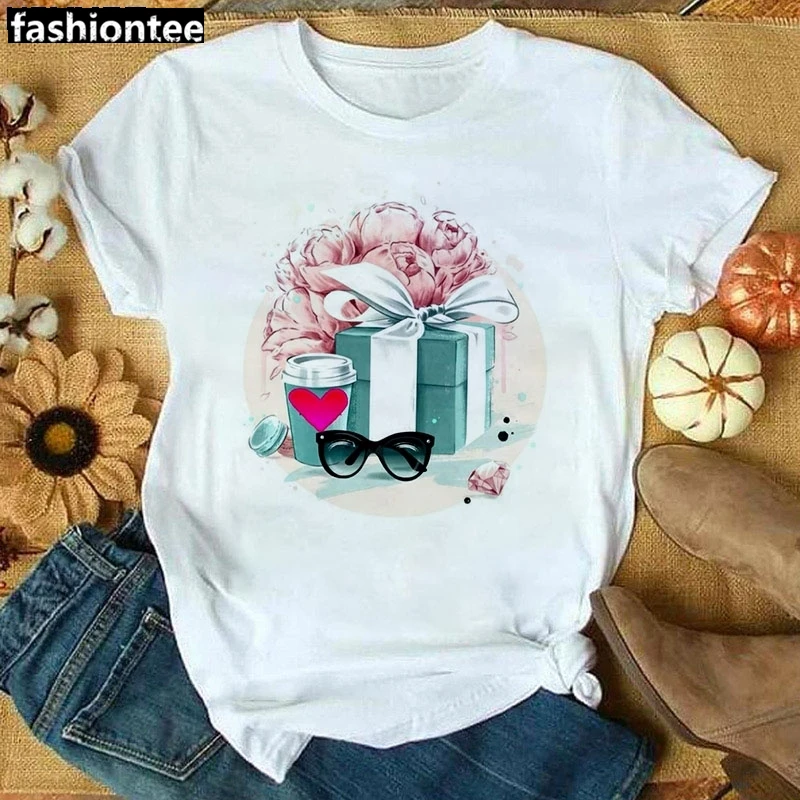 

FIXSYS White T Shirt Women New Summer Flowers High Heels Short Sleeve Lady Tops Tshirt Ladies Women's Graphic Female Tee Shirt