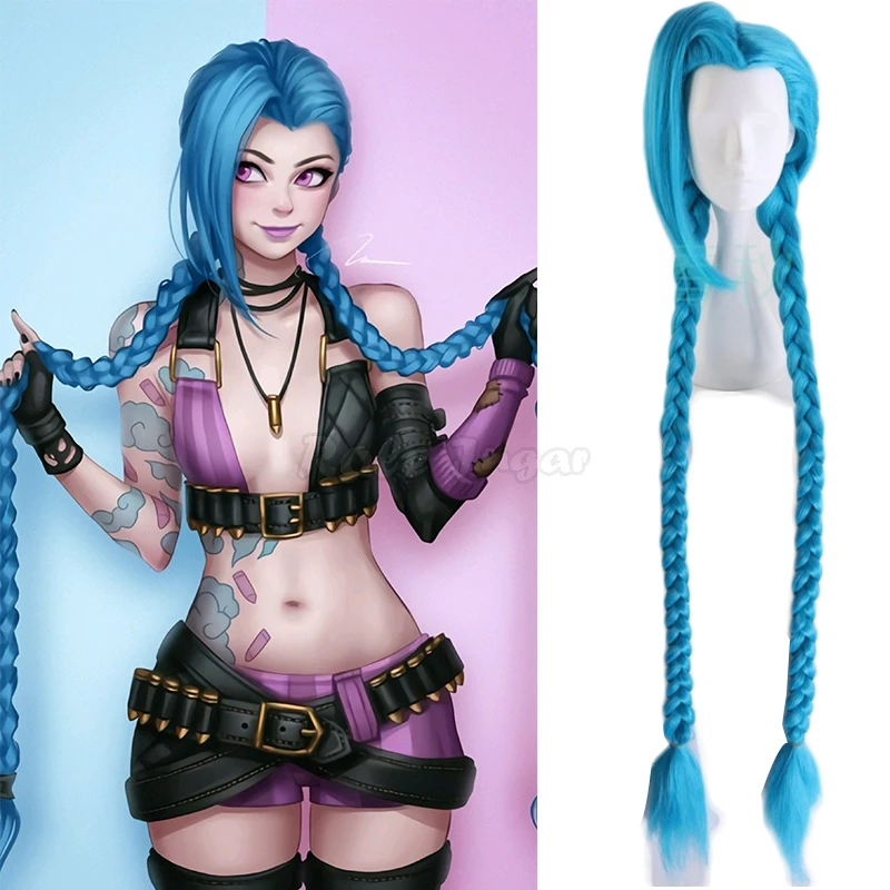 120 см парики для косплея игры LOL Jinx женщин и девочек синие длинные двойные косички