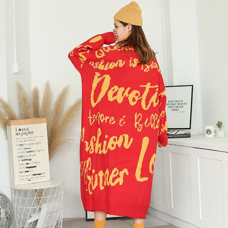 Vefadisa Letter Printed Sweater Dress Woman 2019 Red Winter Thick Long Sleeve Pullovers Knitting QYF1209 | Женская одежда