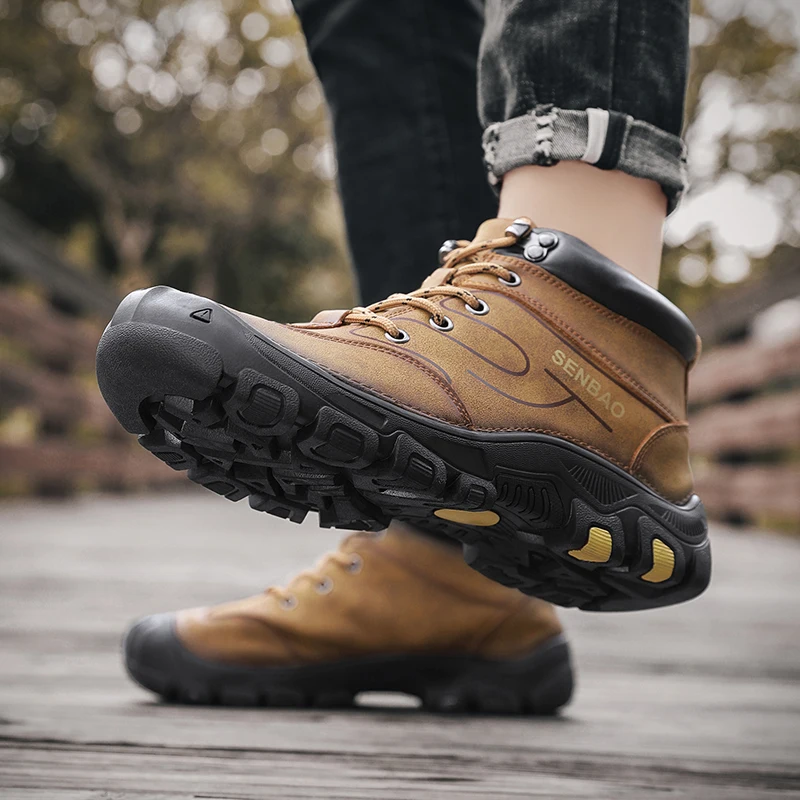 Мужские кожаные ботинки уличные теплые для снега водонепроницаемые походов