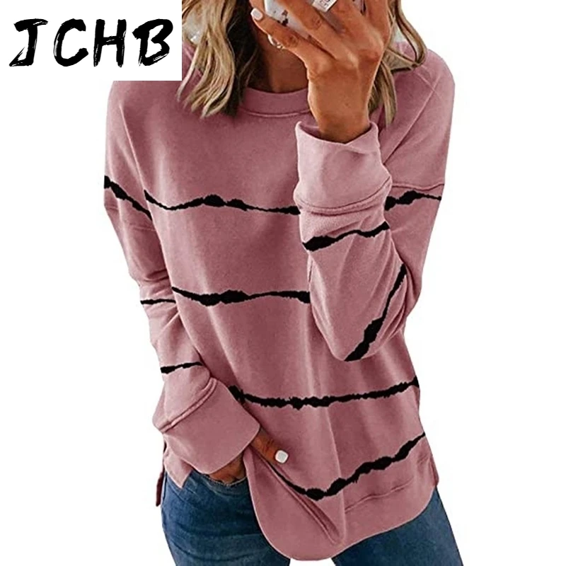 

Autumn 2021 T-shirts Women Casual Tie Dye Stripe O Neck Long Sleeve Oversized Loose Tee Shirts Fashion Ladies Tops Plus Size 5XL