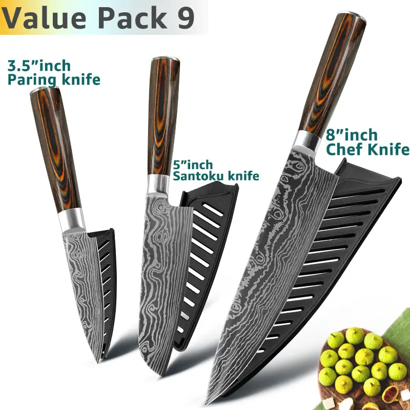 Value Pack 9 Набор кухонных ножей поварские ножи 7CR17 440C из высокоуглеродистой нержавеющей стали дамасский нож для нарезки мяса сантоку набор из 5 предметов - Цвет: Value Pack 9