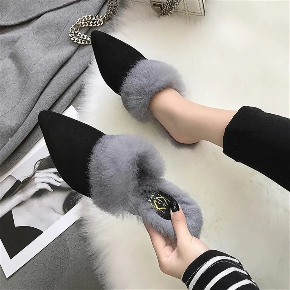 Autumn New Sexy Mules Women's Half Slippers Korean Fashion High Heel Shoes Wearing Hairy Pointed Baotou Furry Plush Slippers