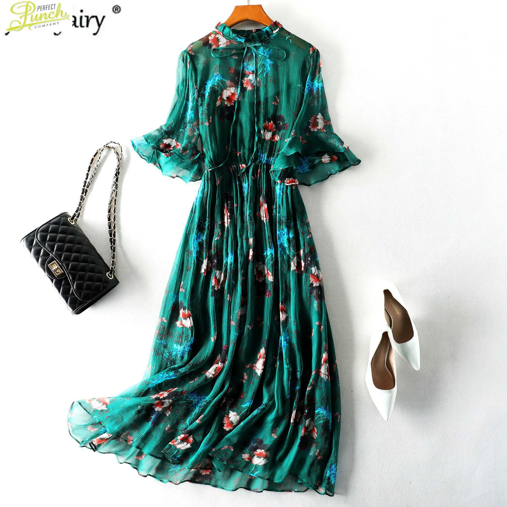 

Silk 100% Summer Real Vintage Elegant Floral Dresses Women Green Long Dress Slim Two-Peice Set Vestidos 98007 Pph197