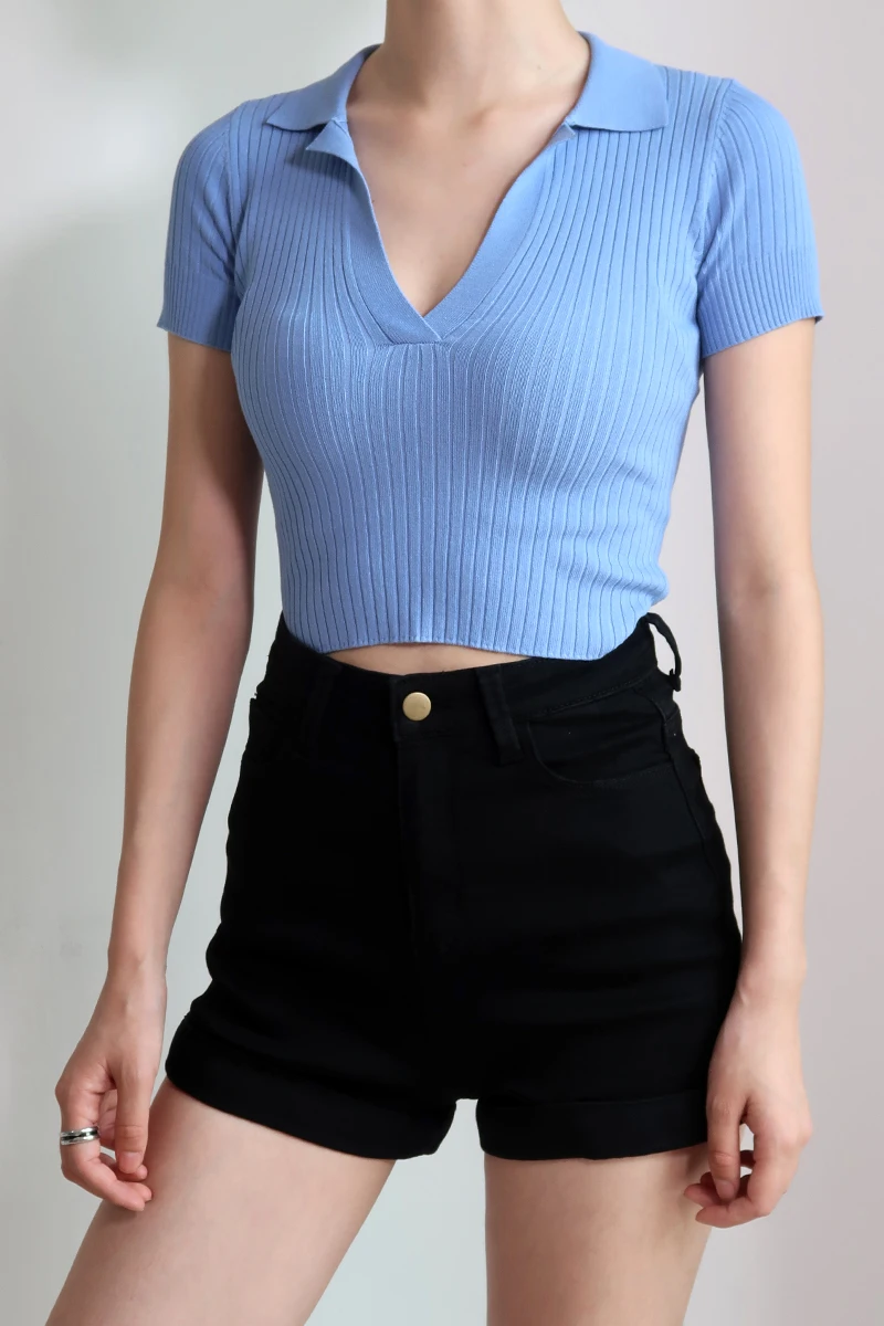

French Versatile Retro Polo T-shirt Solid High Waist Short Open Navel Slim V-neck Short Sleeve T-shirt