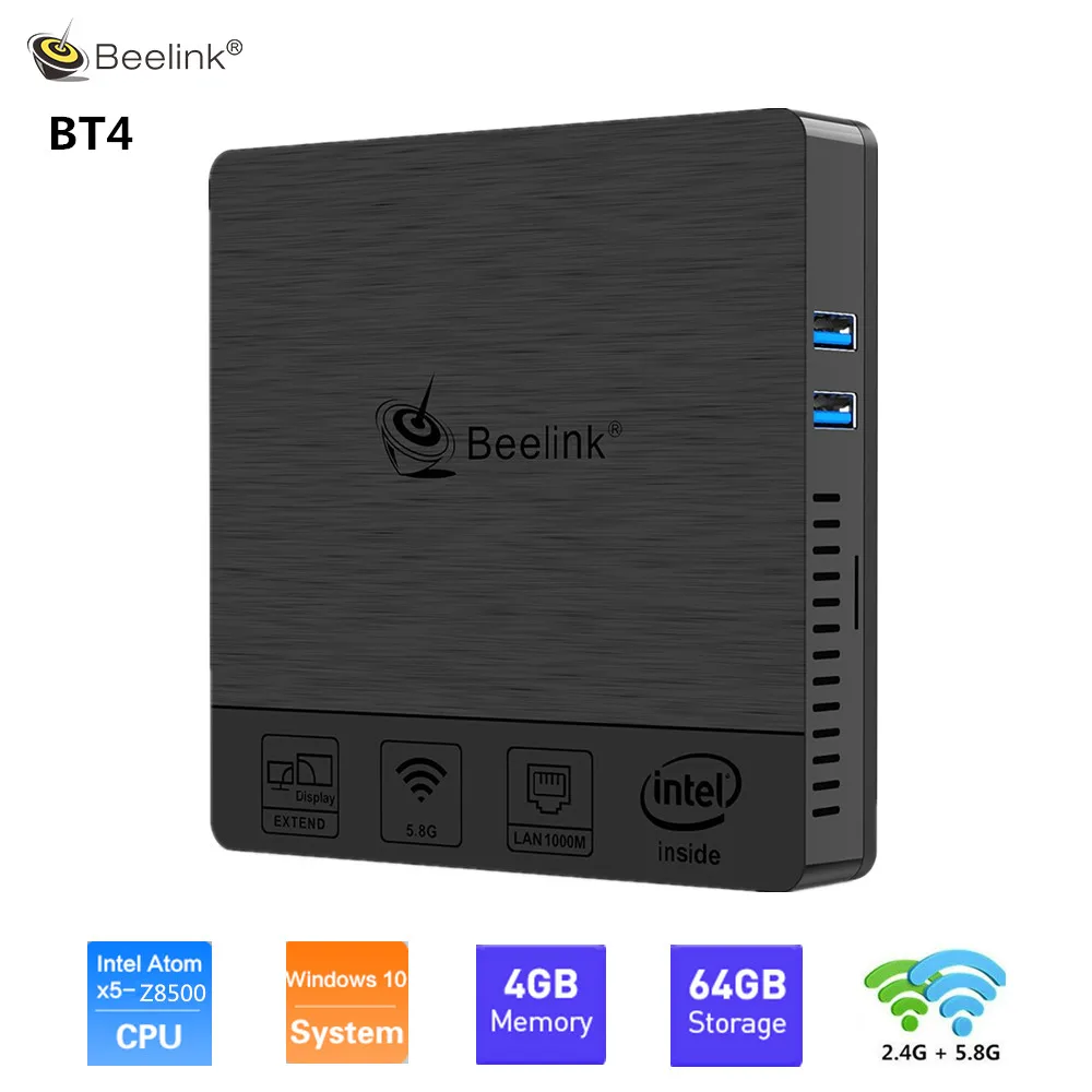 Beelink BT4 мини ПК с процессором Intel Atom Windows 10 4 Гб LPDDR3 64 ГБ 2 4G/5 8G Wi Fi BT4.0 4K двойной экран