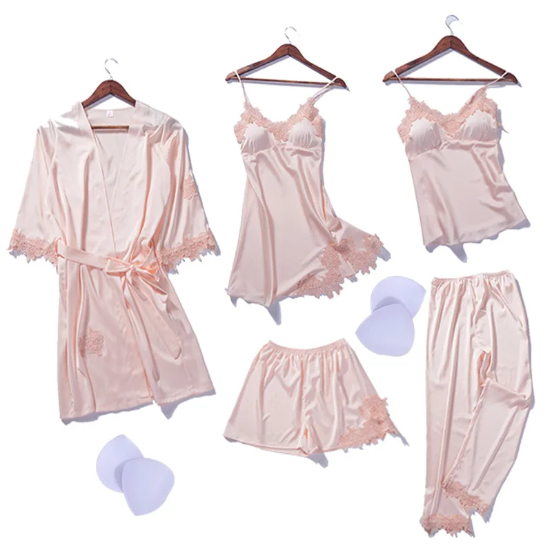 

New 2018 Winter Women Silk Robe Tops Shorts Pajamas Sexy Long Sleeve Robes Set Camisole Lace Nightwear Home Wear 5 PCS