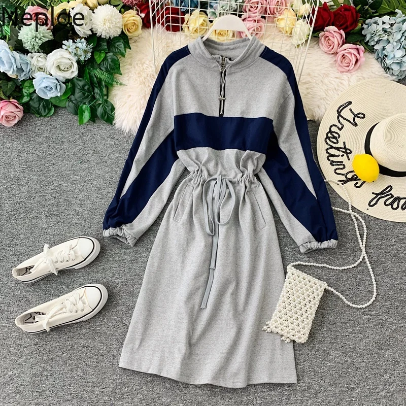 Neploe осенне зимнее женское платье 2020 новинка повседневное с заплатками макси