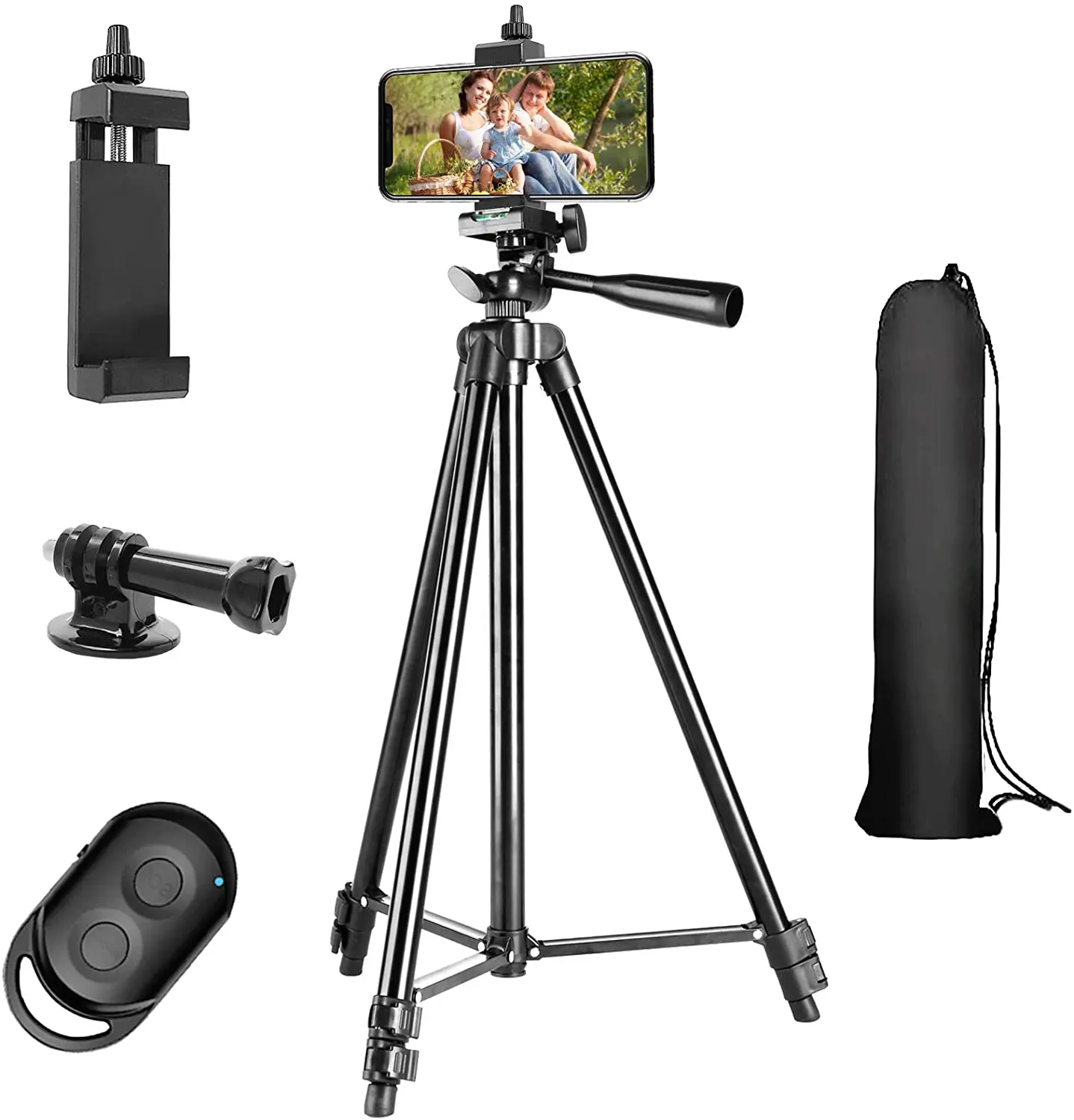 

Phone Tripod, 51’’ Extendable Lightweight Aluminum Phone Tripod Stand with Cell Phone Mount Holder & Wireless Remote, Tripod