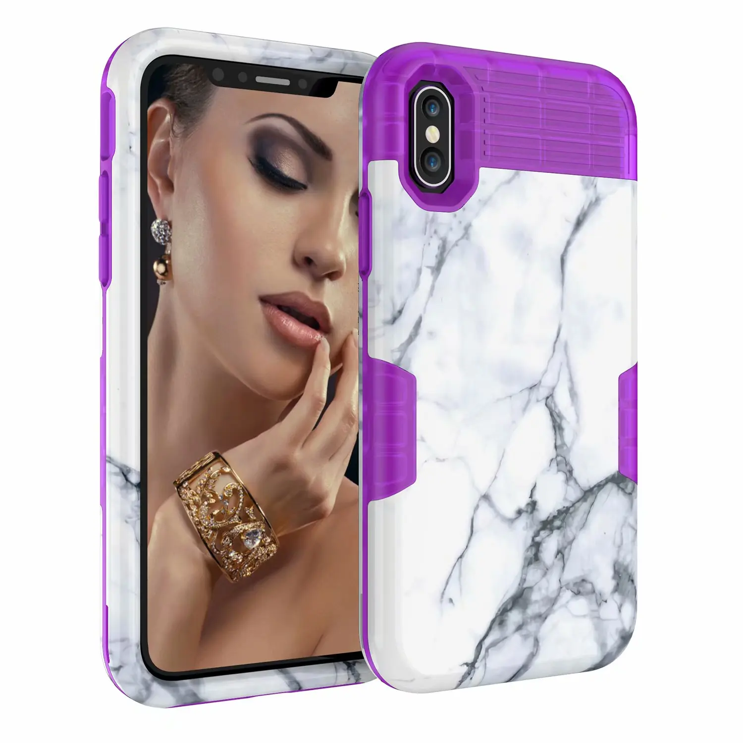 Фиолетовый Чехол с мраморным рисунком для Apple iPhone XS Max XR X 8 7 6S 6 Plus пластик+ силикон противоударный милый тройной защитный чехол - Цвет: Фиолетовый