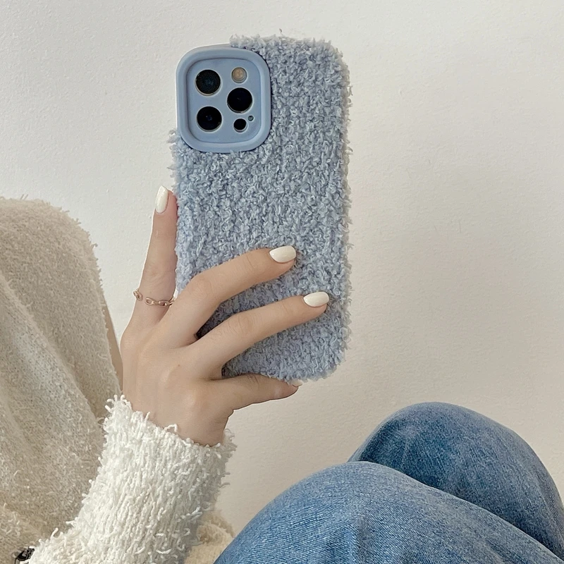 

Retro Art Fuzzy Plush Solid Color Korean Phone Case For iPhone 11 12 13 Pro XS Max X XR 7 8 Plus Cute Winter Soft Back Cover