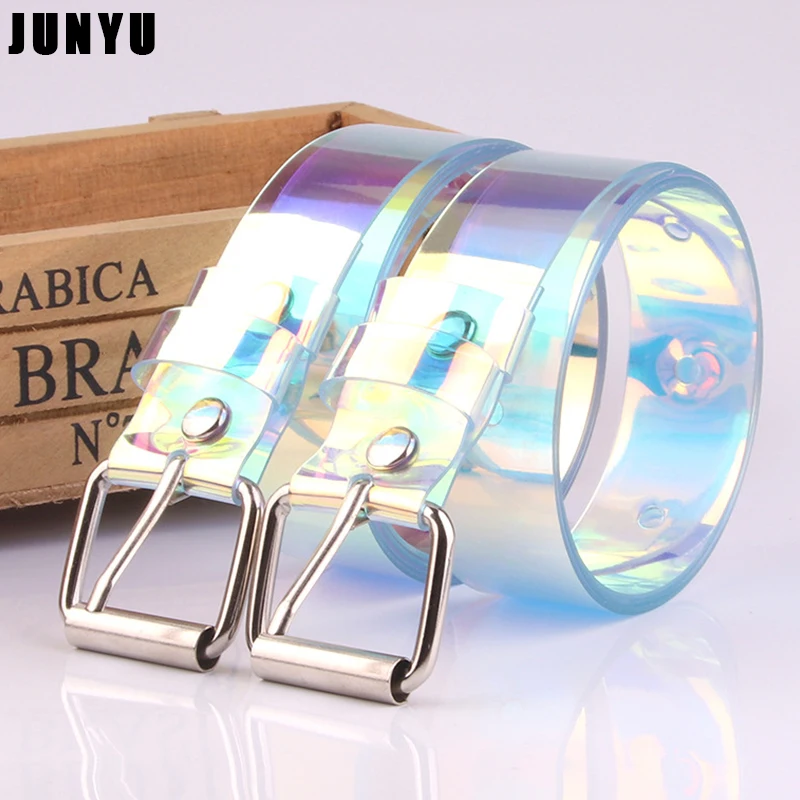 Новый лазерный женский ремень голографический прозрачный поясной металлическая