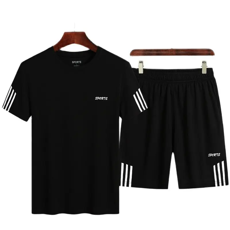 

2020 Men Casual Set Fashion 2 PCS Sweat Suit Striped Short Sleeve T-shirt Shorts Sets Male Sportswear Tracksuit Summer Sportsuit