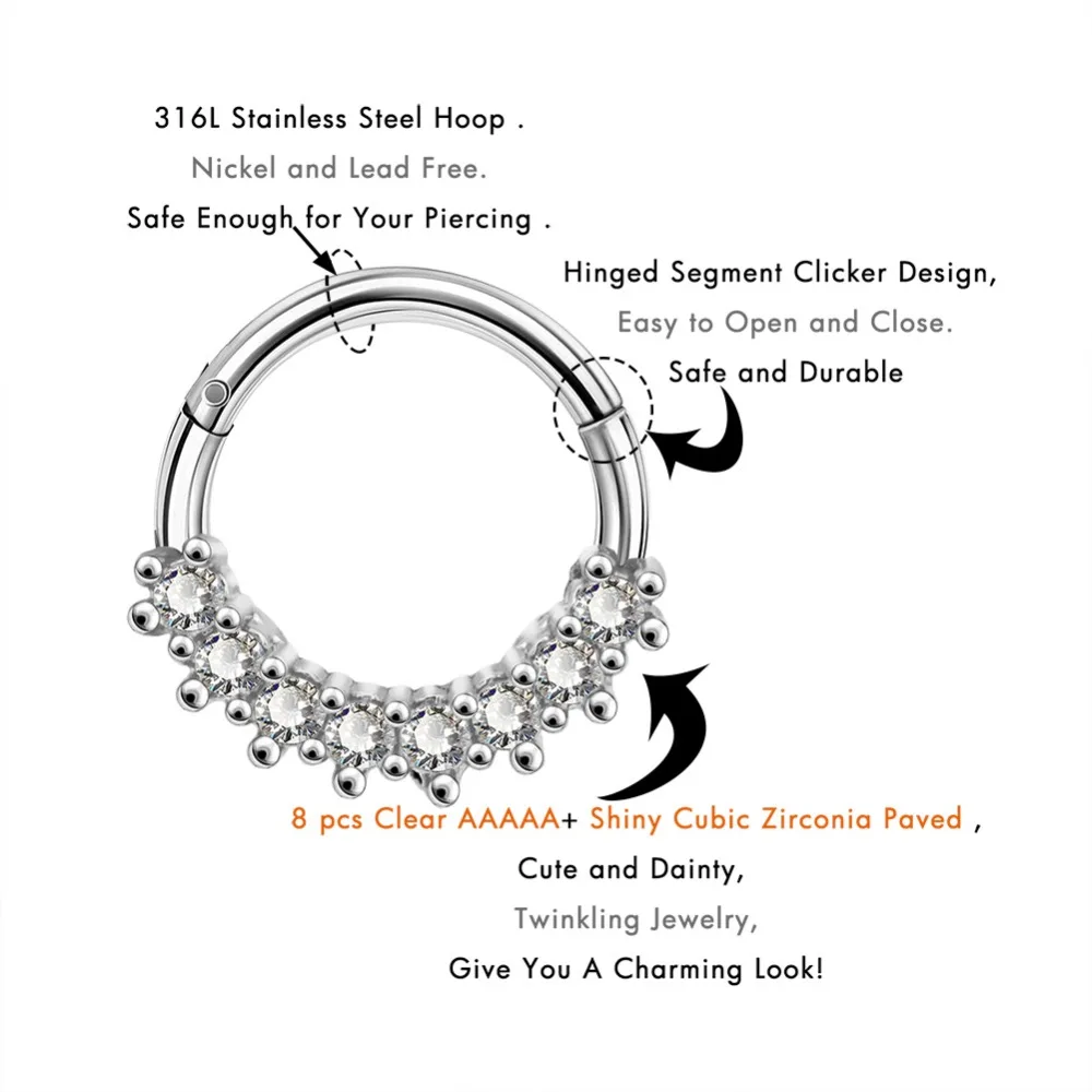 Body Punk 16G Daith Earrings Clear CZ Line Helix Earrings Hoop Rook Tragus Cartilage Earring Hoop Hinged Segment Clicker for Wom