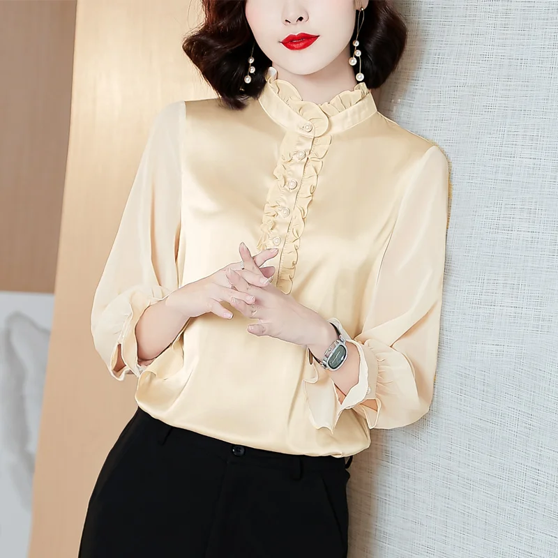Satin silk shirt women blouse tops spring autumn elegant long-sleeved ruffled high-quality office ladies work shirt female Party