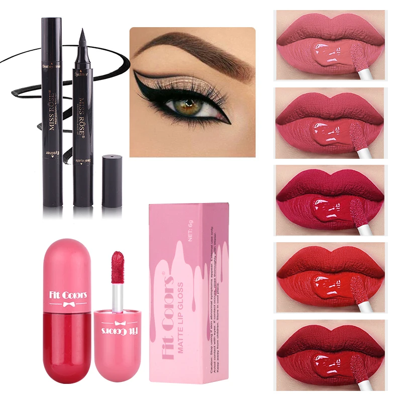

2PCS Winged Black Eyeliner Stamp Pen Waterproof Eye Liner Pencil Lip Gloss Long Lasting Moisturizer Matte Velvet Lipstick Makeup