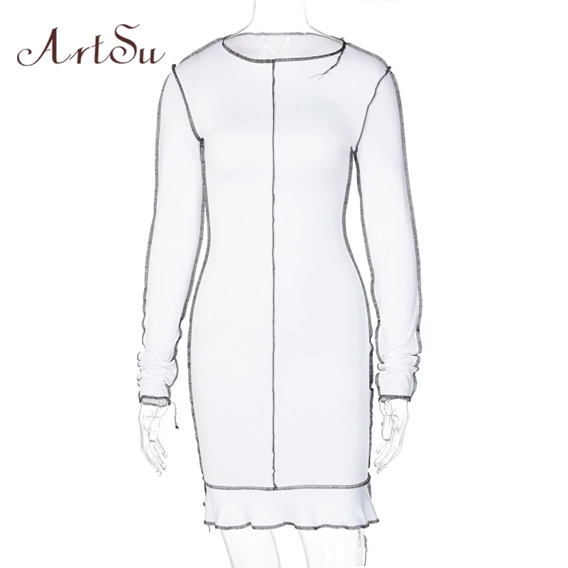 Artsu 2020 Long Sleeve Slit Bodycon Sexy Mini Dress Club Wear Sundress Slim Dresses Women Fashion Streetwear Outfits Clothes | Женская