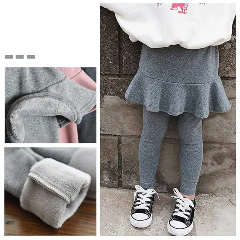 Mallas forradas de lana para ni&ntilde;as peque&ntilde;as, Leggings con falda de volantes, c&aacute;lidos, sin pies, Invierno-3
