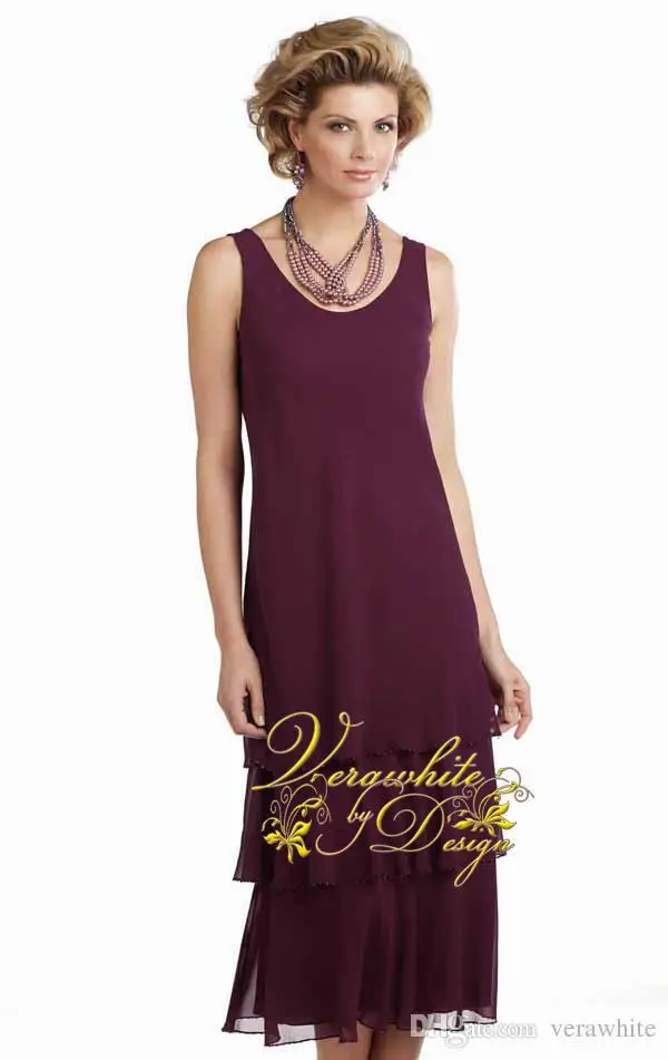 

Scoop Tea-Length evening gown vestido novia 2018 Elegant Burgundy Chiffon lace Mother of the bride dresses with Free Jacket