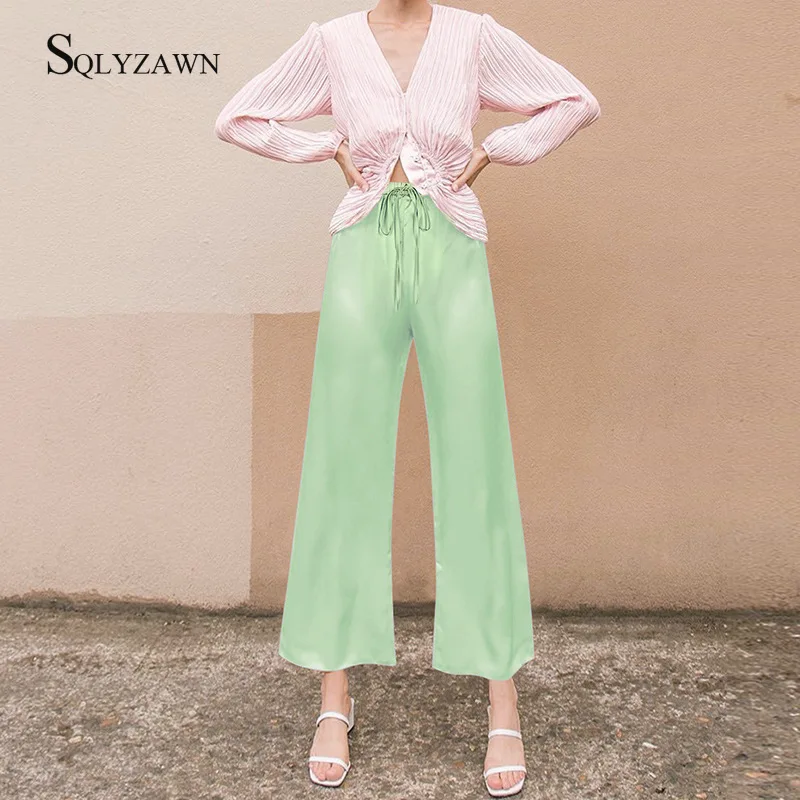 Милые розовые зеленые модные широкие брюки женские уличные элегантные палаццо