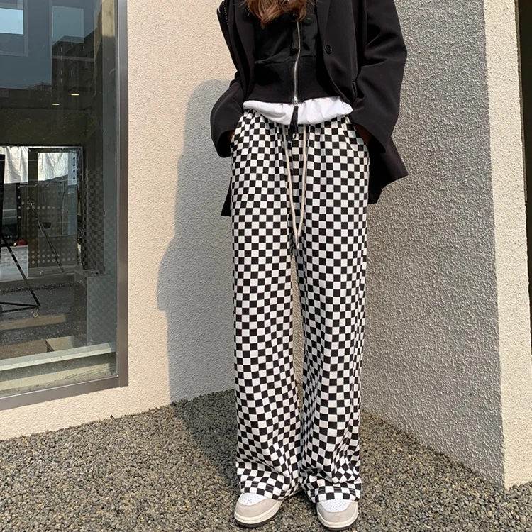 

Осенние новые ретро шахматные Свободные повседневные Черные белые клетчатые широкие брюки с высокой талией