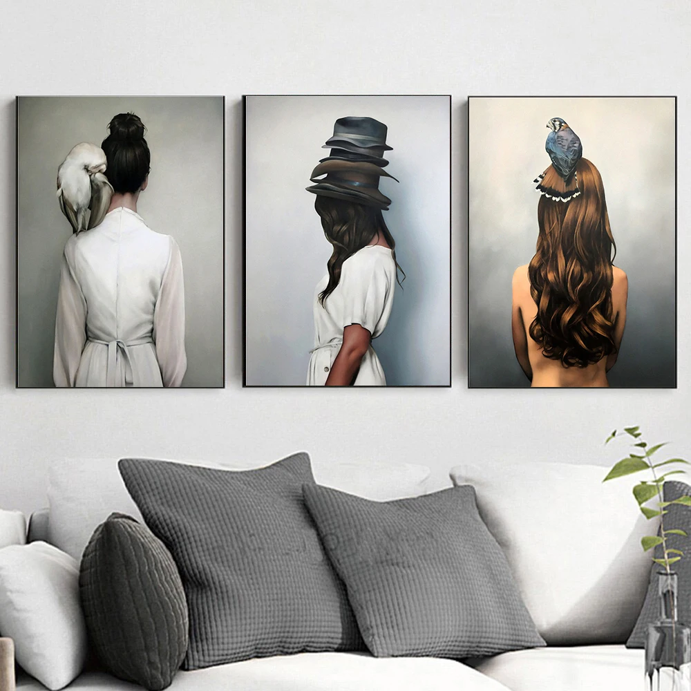 

Modern Figure Lady Head hat Bird Picture Home Decor Nordic Canvas Painting Wall Art Posters and Prints Decor for Bedroom Room