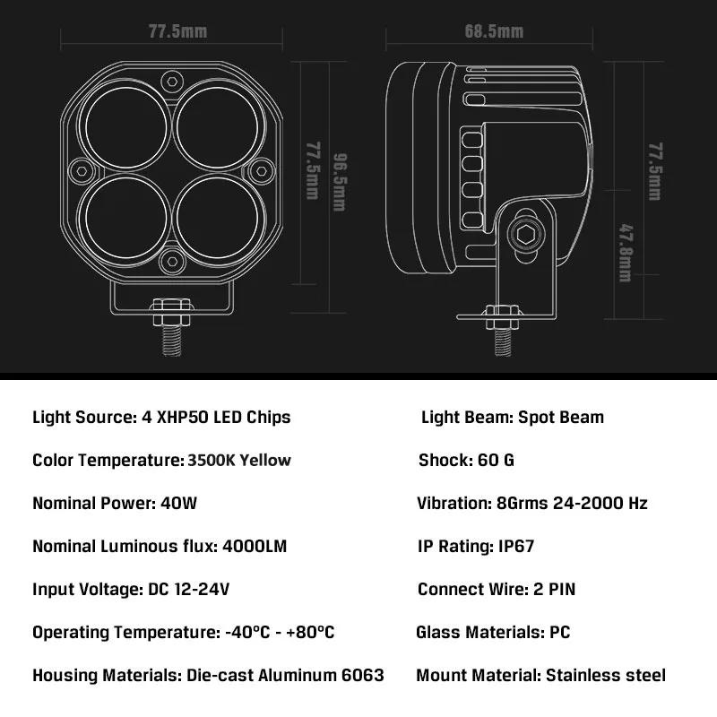 3 дюйма светодиодный рабочий светильник 3500K желтый квадрат точечный луч