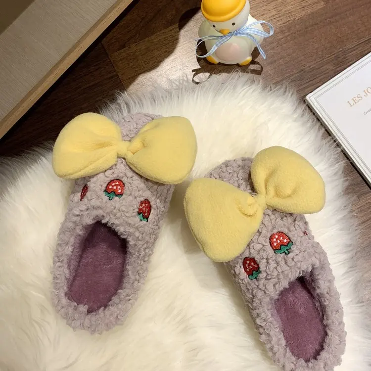 Autumn Winter New Ladies Cotton Slippers Simple Bow Comfortable Cotton Slippers Women Flat Slippers Women Furry Slippers Women
