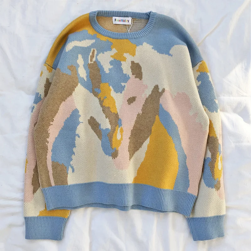 Neploe Pull Femme, новинка, корейский свитер большого размера контрастных цветов с граффити, Женский вязаный свитер с круглым вырезом, уличная одежда, джемпер 56134