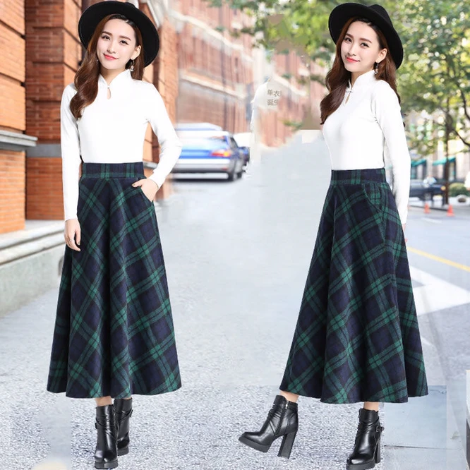 

Autumn spring 2022 New Printed Plaid Women's Long Skirt Loose Large High Waist Girls' Versatile A-line Skirt Commuter Green